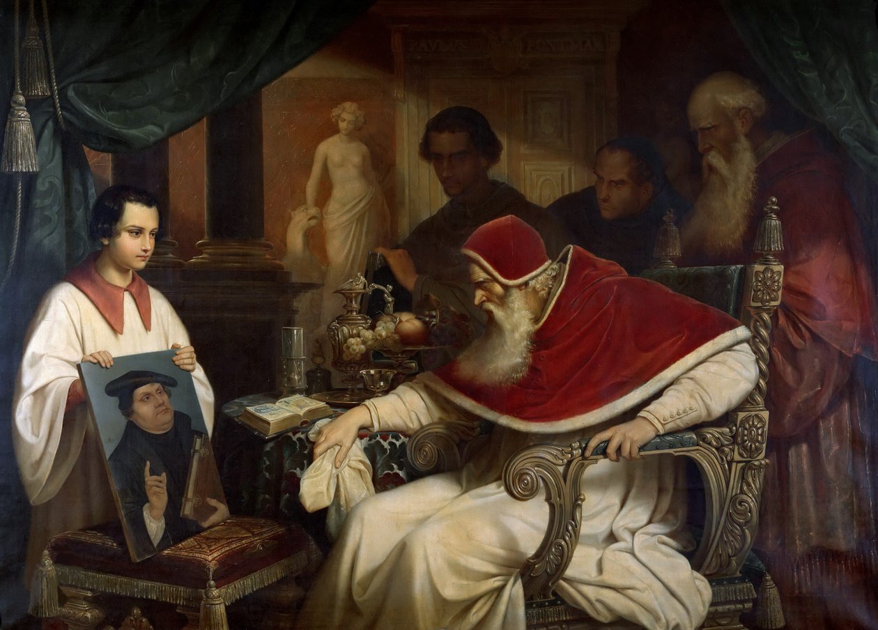 Papst Paul III. 1468-1549 betrachtet Cranachs Porträt von Luther, 1838-1839 von Karl Schorn