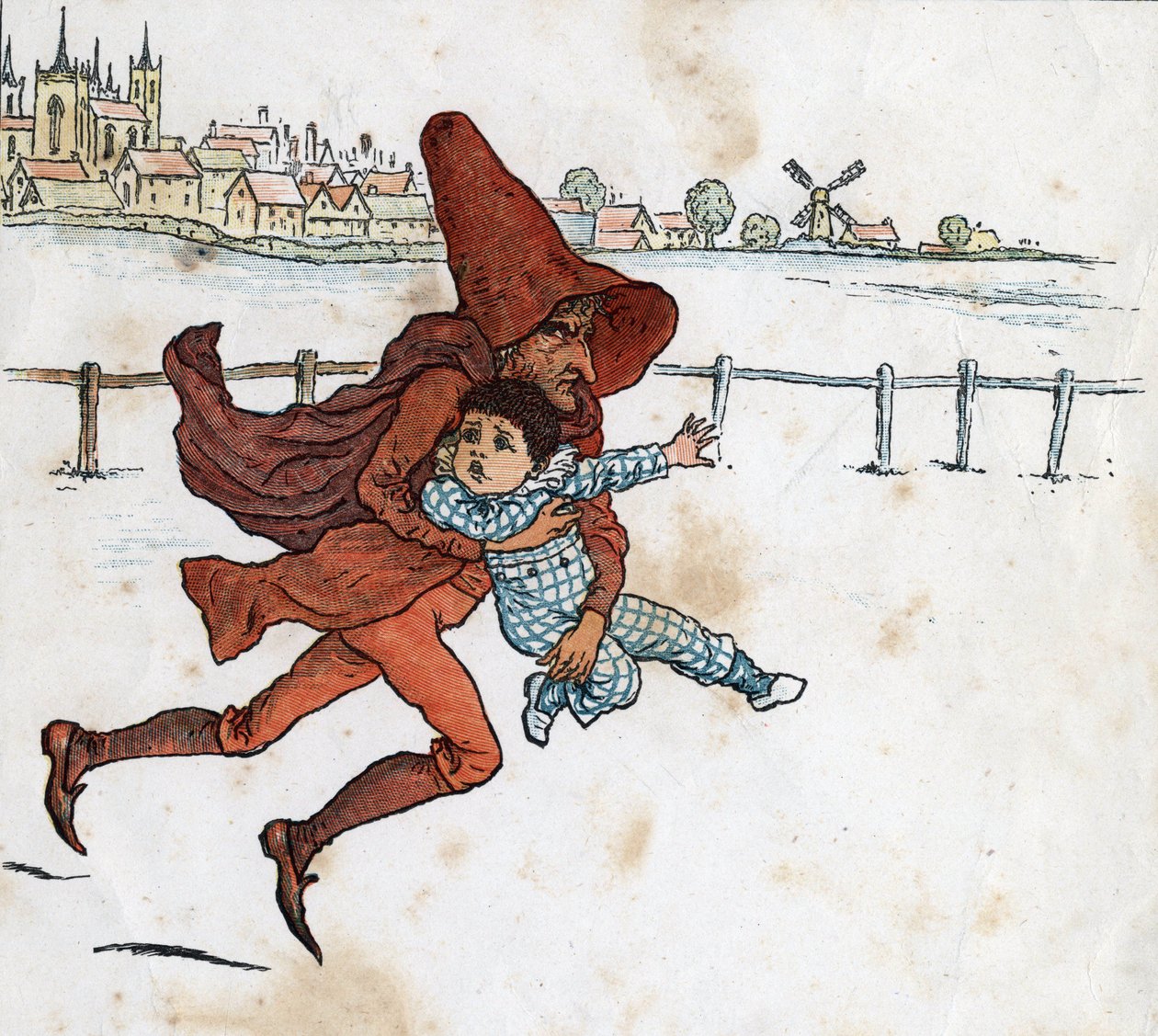 Ein Kobold nimmt ein kleines Kind mit. Illustration von Kate Greenaway (1846-1901) aus dem Kinderbuch „Unter dem Fenster“ (1879), herausgegeben von Edmund Evans. von Kate Greenaway