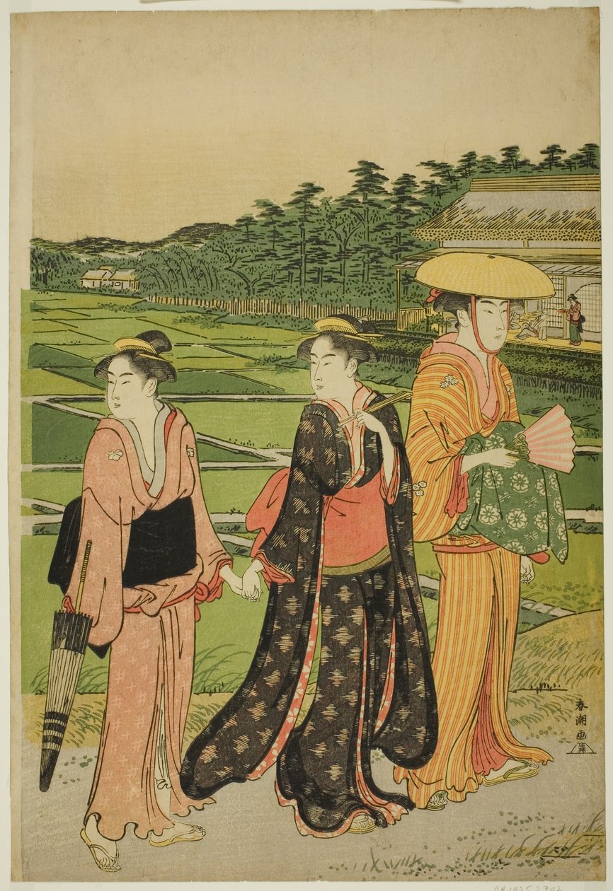 Drei Frauen in der Nähe von Reisfeldern von Katsukawa Shuncho