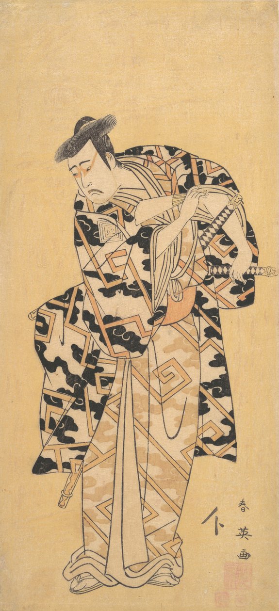 Der Schauspieler Ichikawa Yaozo III als Fuwa Banzaemon in einem Donnergewand, spielt mit einem Fächer, 1794 von Katsukawa Shun