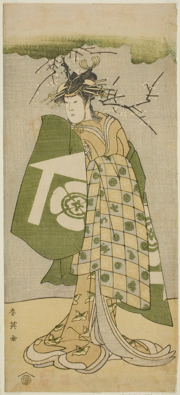 Der Schauspieler Osagawa Tsuneyo II als Oiso no Tora im Stück Gohiiki no Hana Aikyo Soga, aufgeführt im Kawarazaki Theater im ersten Monat, 1794 von Katsukawa Shun