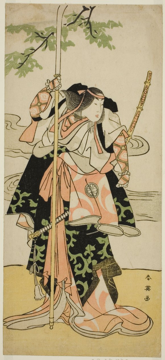 Der Schauspieler Segawa Kikunojo III als Lady Tomoe (Tomoe Gozen) im Stück Yasa Gumbai Miyako no Jindori, aufgeführt im Miyako-Theater im elften Monat, 1793 von Katsukawa Shun