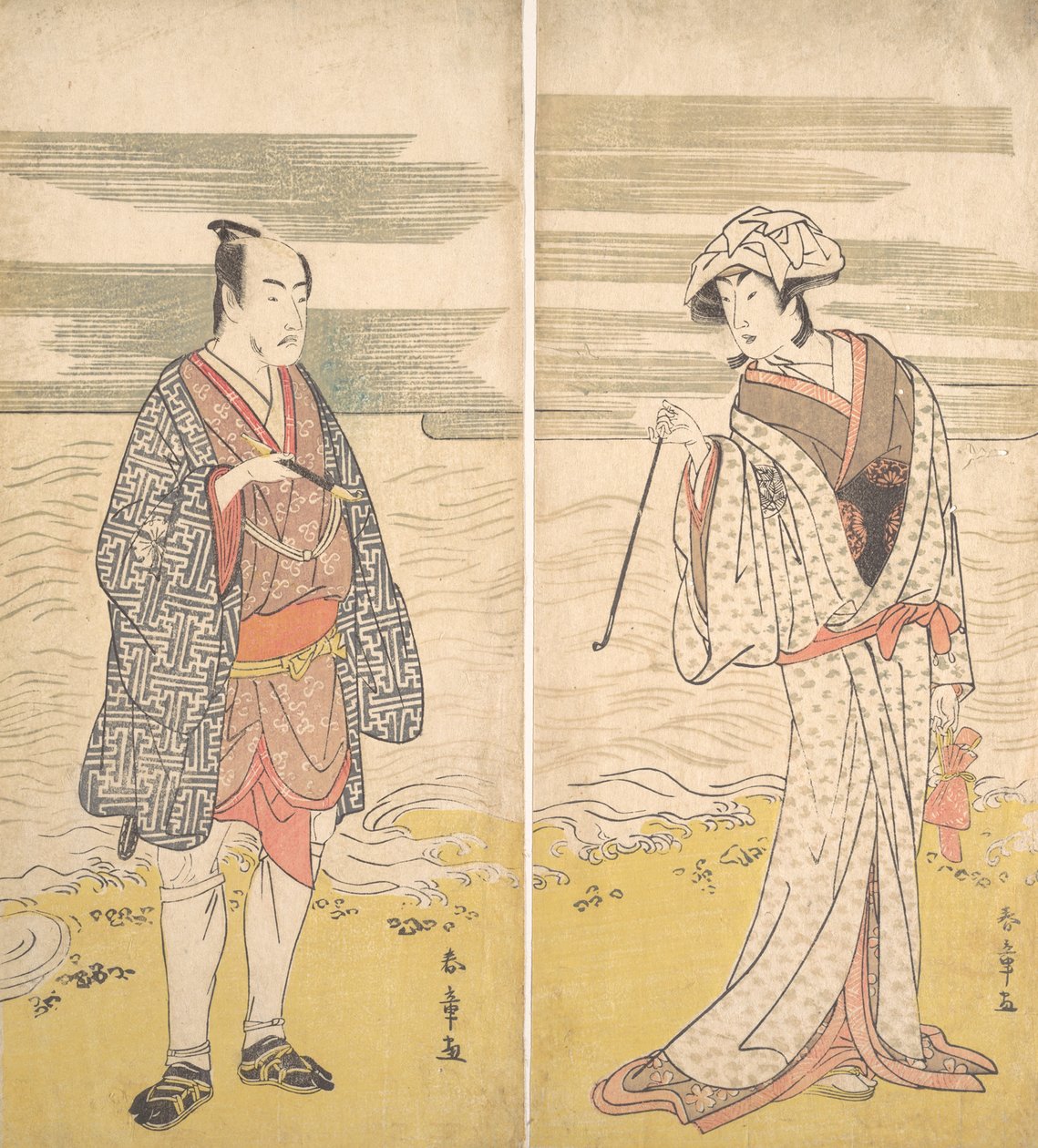 Zwei Schauspieler: der vierte Matsumoto Koshiro als ein Mann in einem kurzen Kimono [links] von Katsukawa Shunjo