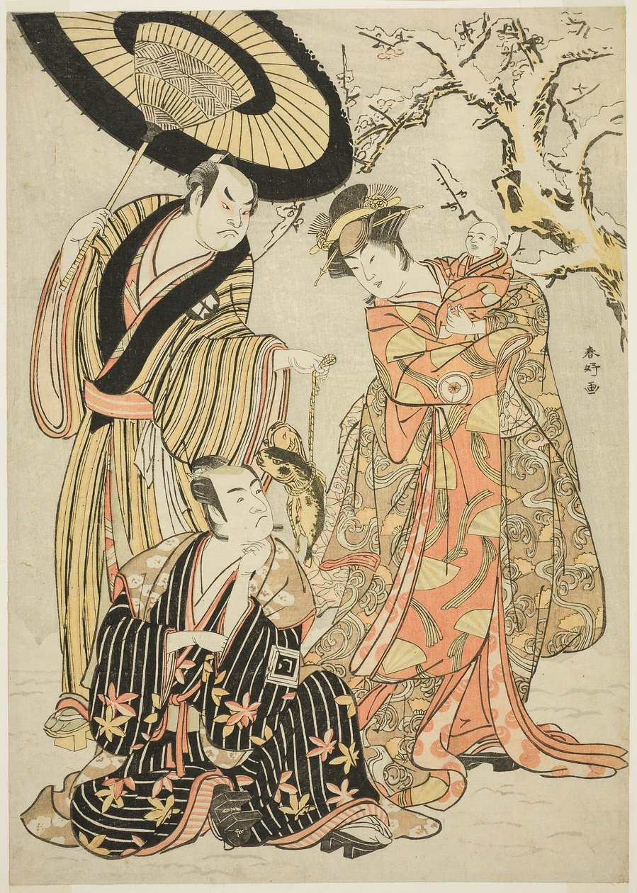 Schauspieler Iwai Hanshirō IV, Ichikawa Monnosuke II und Sakata Hangorō III in „Schneeflocken: Die Fahne in Izu hissen“ („Mutsu no Hana Izu no Hataage“) von Katsukawa Shunkо̄
