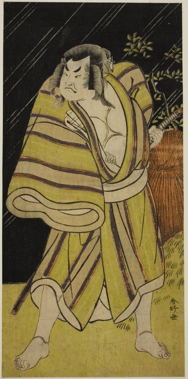 Der Schauspieler Sakata Hangoro II als Sumoringer Kujaku Saburo Narihira (?) im Stück Sugata no Hana Yuki no Kuronushi (?), aufgeführt im Ichimura-Theater (?) im elften Monat, 1776 (?) von Katsukawa Shunkо̄