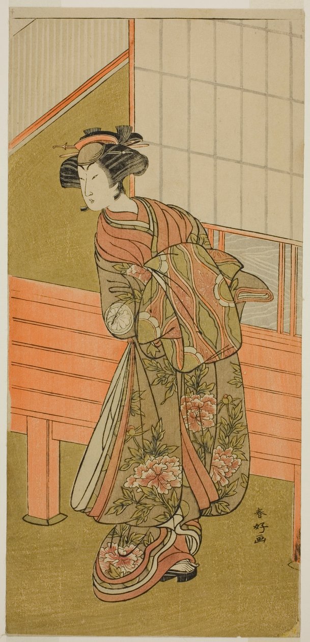 Der Schauspieler Segawa Kikunojo III als Kurtisane Takamura von Onoteruya (?) im Stück Sugata no Hana Yuki no Kuromushi (?), aufgeführt im Ichimura Theater (?) im elften Monat, 1776 (?) von Katsukawa Shunkо̄