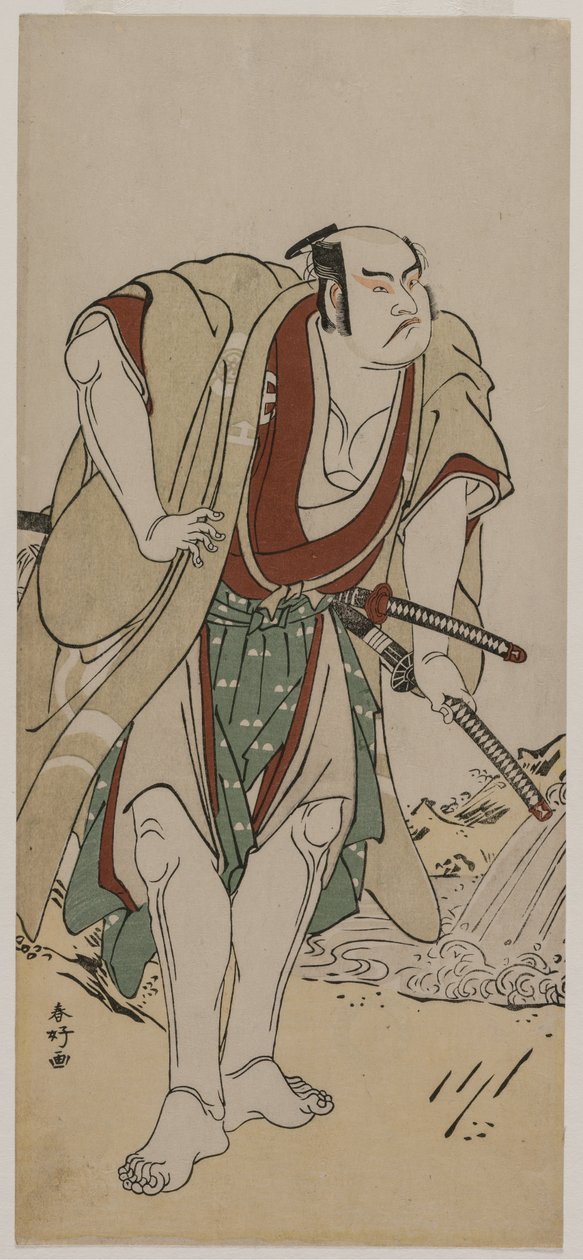 Otani Hiroji III als ein Samurai, der neben einem Bach steht von Katsukawa Shunko