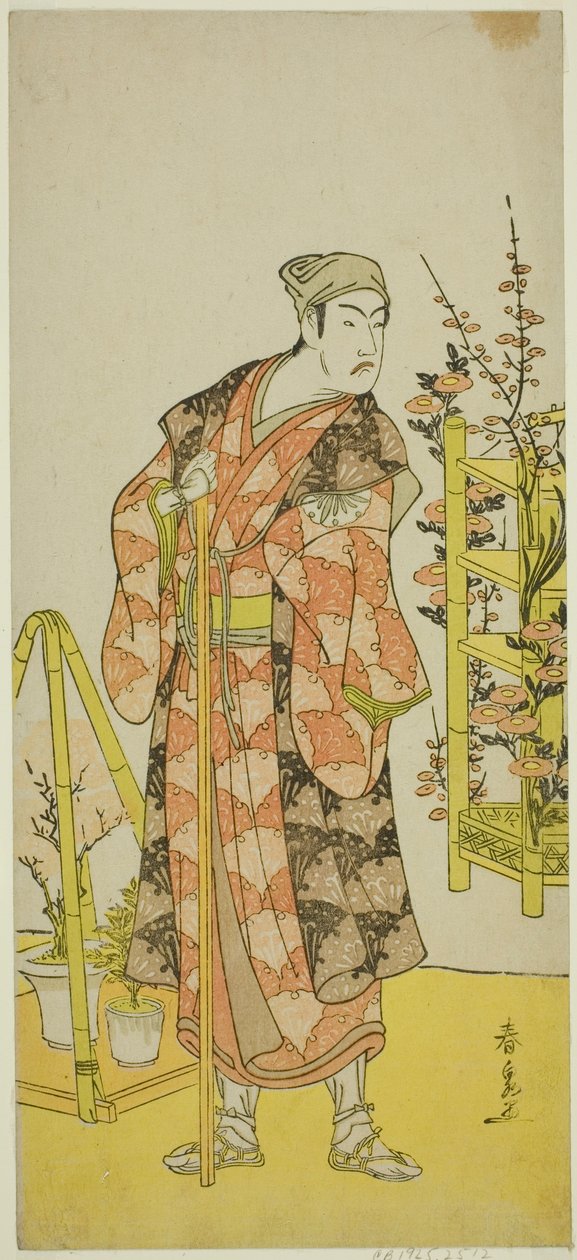 Der Schauspieler Matsumoto Koshiro IV als Pflanzverkäufer Awashima no Yonosuke im Stück Mukashi Otoko Yuki no Hinagata, aufgeführt im Ichimura-Theater im elften Monat, 1781 von Katsukawa Shunsen