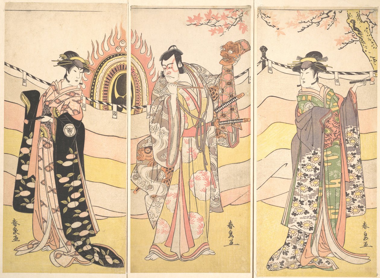 Drei Schauspieler in schönen Kostümen führen einen religiösen Tanz auf, ca. 1785 von Katsukawa Shunsen