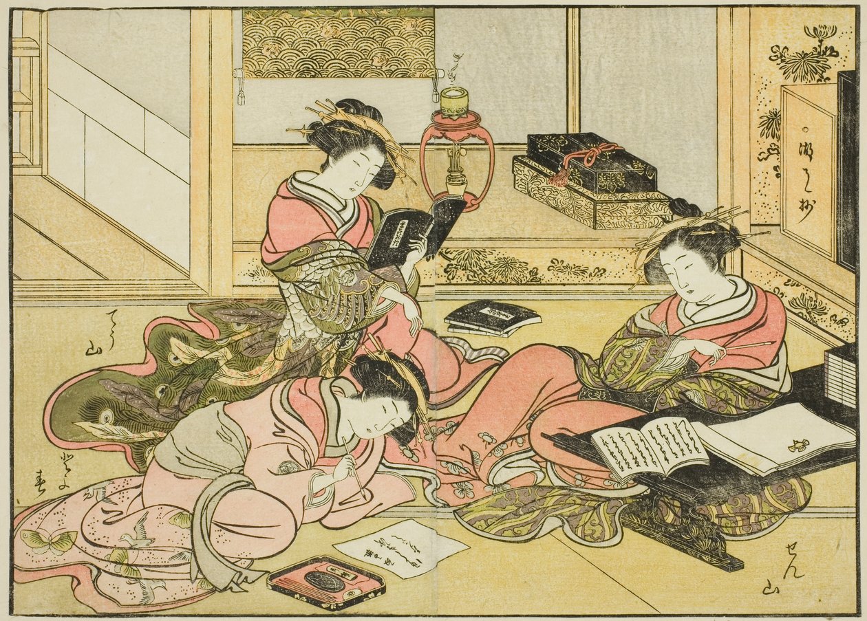 Kurtisanen des Chojiya, aus dem Buch "Spiegel der schönen Frauen der Vergnügungsviertel (Seiro bijin awase sugata kagami)," Bd. 1 von Katsukawa Shunsho
