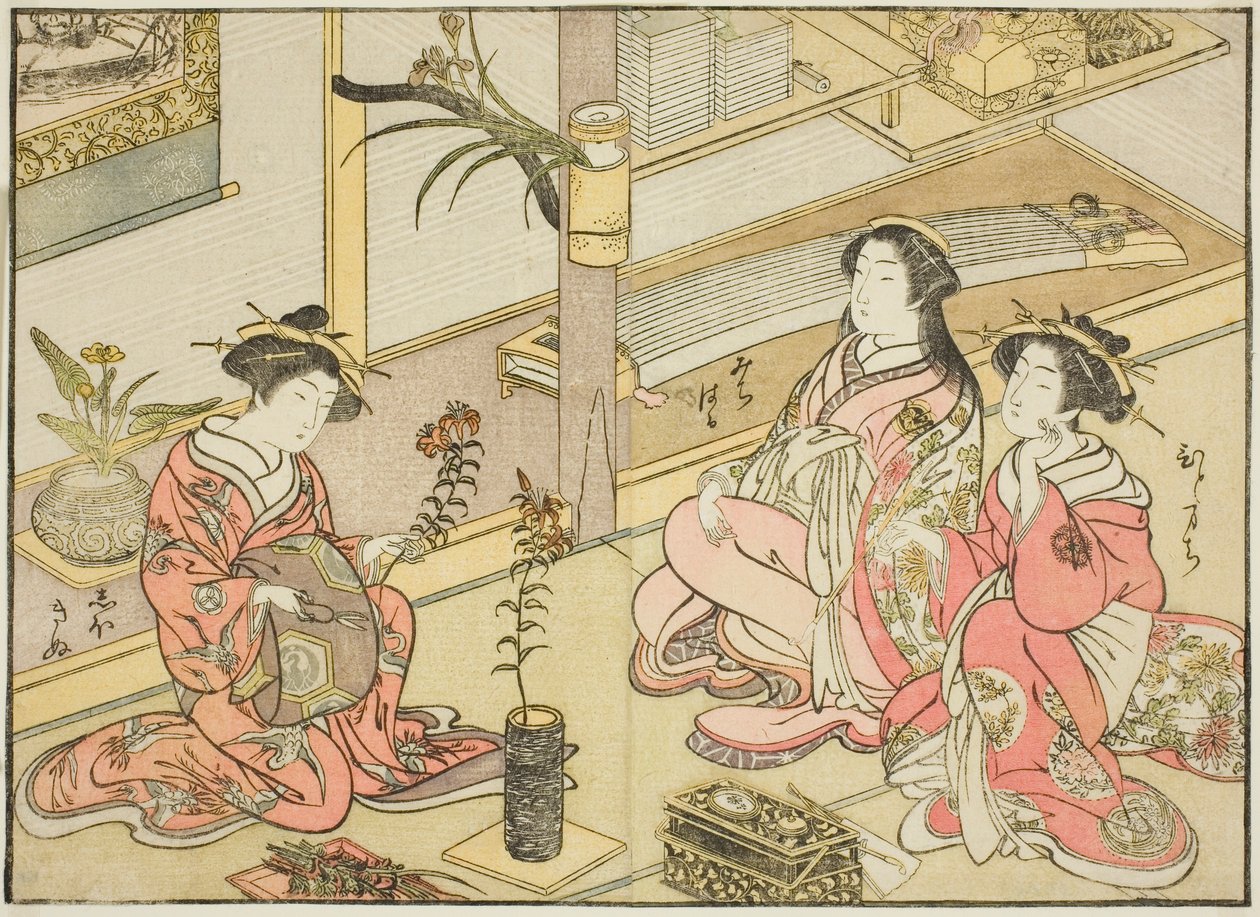 Kurtisanen des Kadotsutaya, aus dem Buch "Spiegel der schönen Frauen der Vergnügungsviertel (Seiro bijin awase sugata kagami)," Bd. 1 von Katsukawa Shunsho