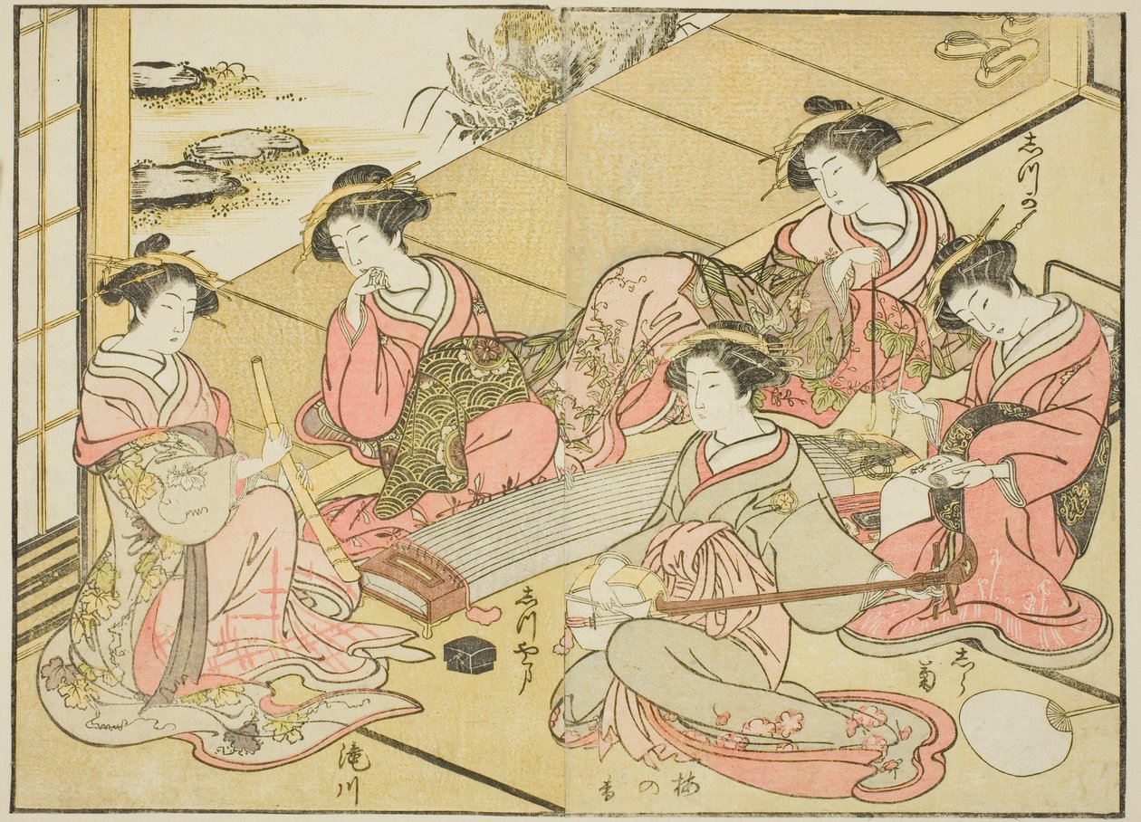 Kurtisanen des Tamaya, aus dem Buch "Spiegel der schönen Frauen der Vergnügungsviertel (Seiro bijin awase sugata kagami)," Bd. 1 von Katsukawa Shunsho