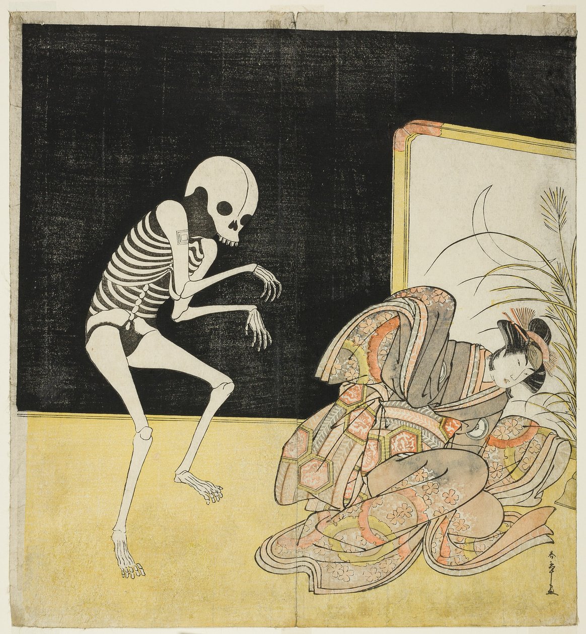 Ichikawa Danjūrō V als Skelett, Geist des abtrünnigen Mönchs Seigen, und Iwai Hanshirō IV als Kirschblütenprinzessin, in „Blume von Edo: Eine Ichikawa-Saga“ (Edo no Hana Mimasu Soga) von Katsukawa Shunsho
