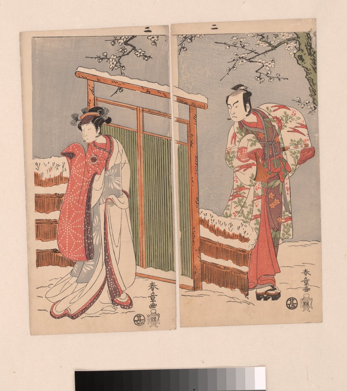 Minamoto no Yoritomo und Yuki Onna im Schnee von Katsukawa Shunsho