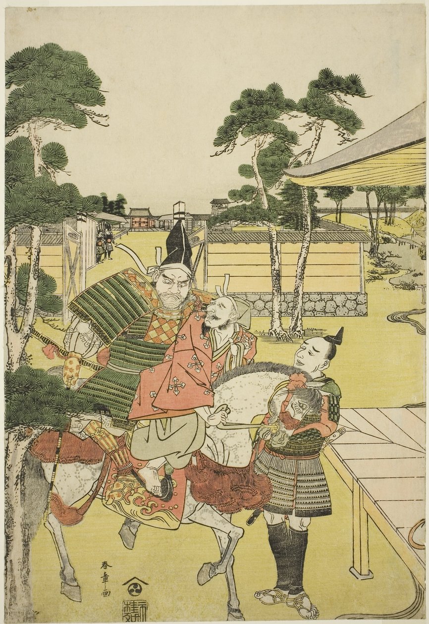 Musashibo Benkei bringt den gefangenen Tosabo Shoshun zu Yoshitsune im Stück Horikawa Youchi no Zu Uki-e Nimaitsuzuki von Katsukawa Shunsho