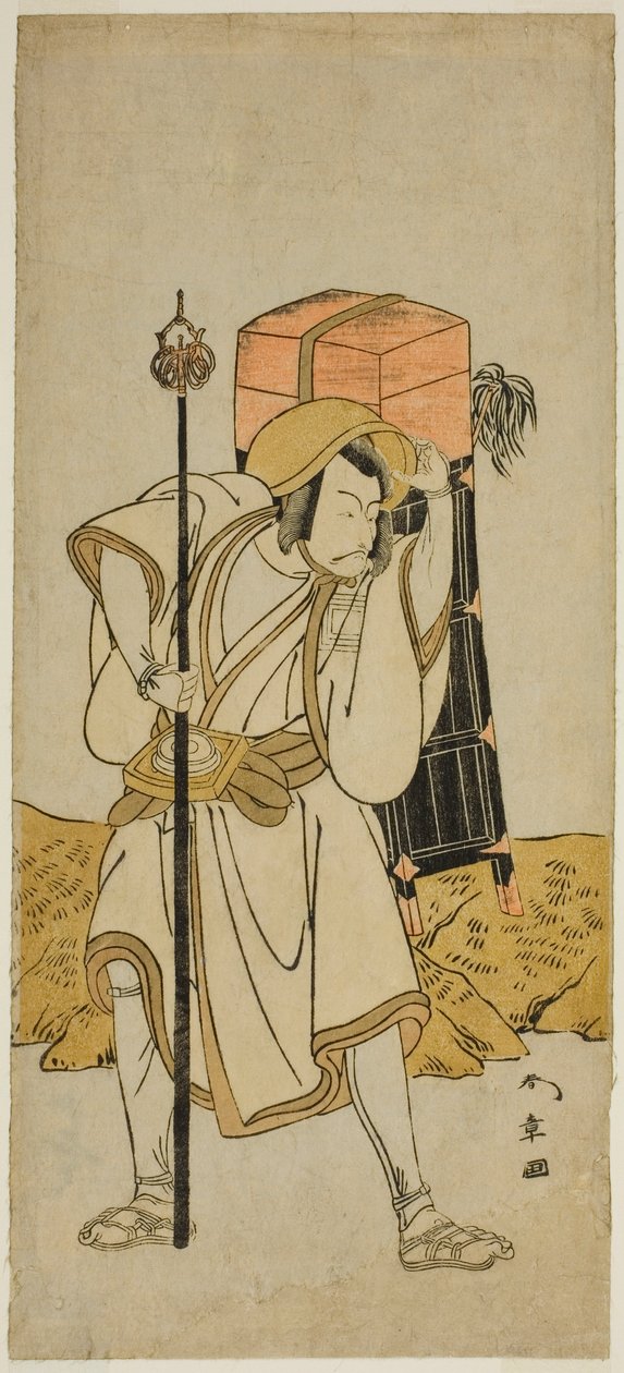 Der Schauspieler Ichikawa Danjuro V als Moriya no Daijin verkleidet als Rokuju-rokubu im Stück Miya-bashira Iwao no Butai, aufgeführt im Morita-Theater im siebten Monat, 1773 von Katsukawa Shunsho