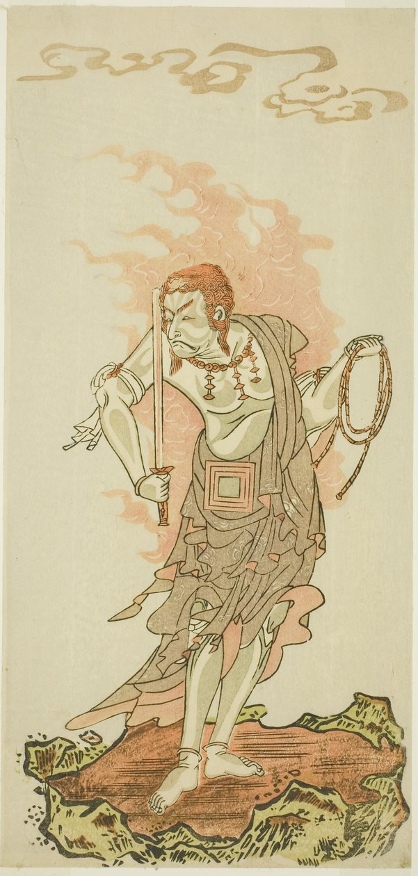 Der Schauspieler Ichikawa Danjuro V als buddhistische Gottheit Fudo in der Schlussszene aus dem ersten Teil des Stücks Fuki Kaete Tsuki mo Yoshiwara (Reedach: Der Mond scheint auch über dem Vergnügungsviertel Yoshiwara), aufgeführt im Morita-Theater ab dem von Katsukawa Shunsho