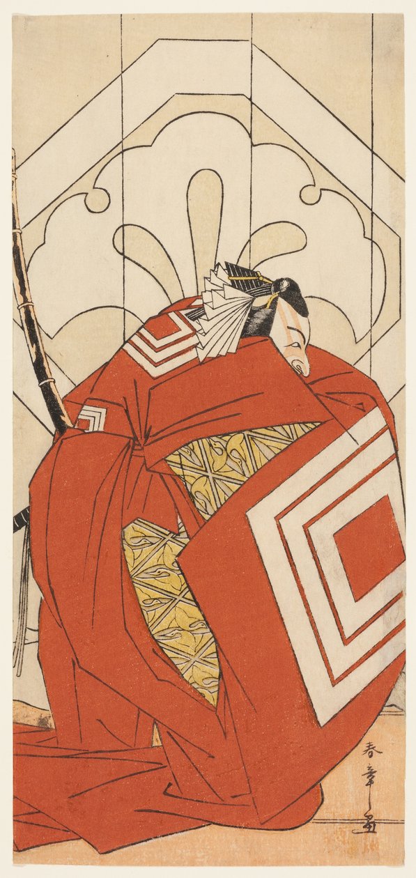 Der Schauspieler Ichikawa Danjuro V in einer "Shibaraku"-Rolle, wahrscheinlich als Kato Hyoeisa Shigemitsu, in der dritten Szene des Stücks Masakado Kammuri no Hatsuyuki (Der erste Schnee auf Taira no Masakados Hofkrone), aufgeführt im Nakamura-Theater im  von Katsukawa Shunsho