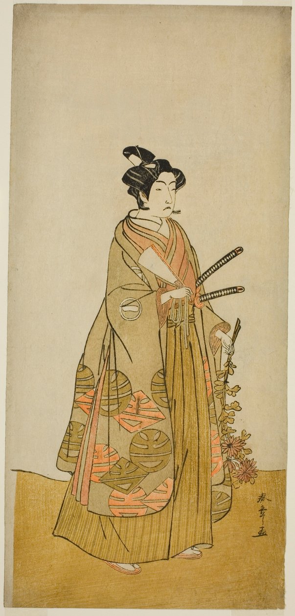 Der Schauspieler Ichikawa Monnosuke II als Kichisaburo, Tempelseite von Kichijo-ji, im Stück Sono Kyodai Fuji no Sugatami, aufgeführt im Morita-Theater im zweiten Monat, 1776 von Katsukawa Shunsho