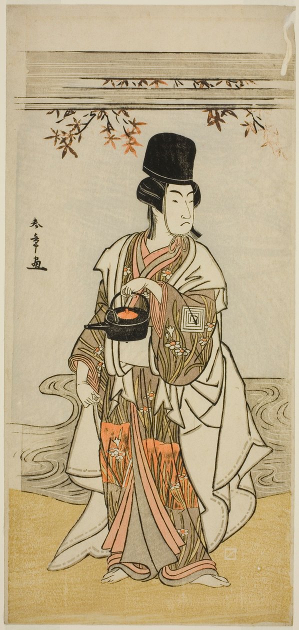 Der Schauspieler Ichikawa Monnosuke II als Hofdiener Shoheida Sadamori im Stück Masakado Kammuri no Hatsuyuki, aufgeführt im Nakamura-Theater im elften Monat, 1777 von Katsukawa Shunsho