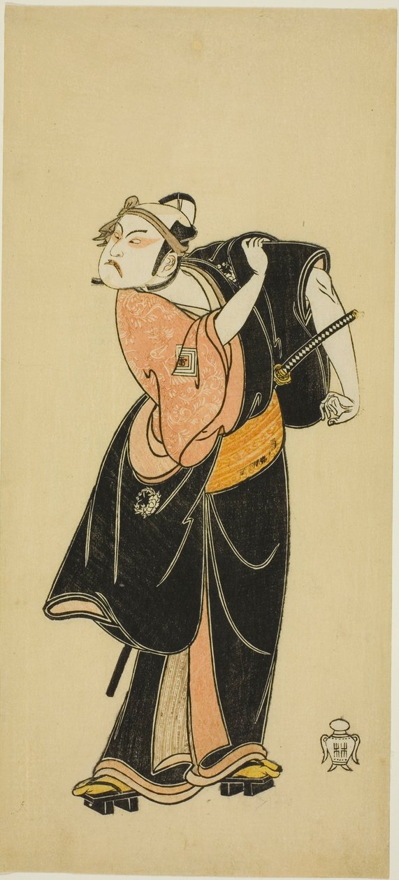 Der Schauspieler Ichikawa Raizo I als Hanakawado no Sukeroku in der Szene „Sukeroku“ im Stück "Hitokidori Harutsuge Soga" ("Das Soga-Stück: Ankündigung der Frühlingssaison durch die Buschammer") von Katsukawa Shunsho