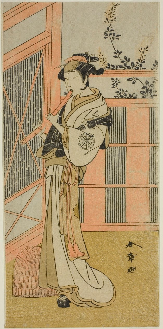 Der Schauspieler Nakamura Noshio I als Misao verkleidet als Komuso im Stück Kosode-gura no Tekubari, aufgeführt im Morita-Theater im zweiten Monat, 1772 (?) von Katsukawa Shunsho