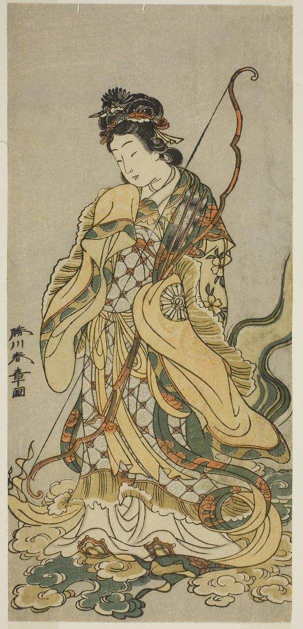 Der Schauspieler Nakamura Noshio I als Göttin Benzaiten von Enoshima im Stück Onno Aruji Hatsuyuki no Sekai, aufgeführt im Morita Theater im elften Monat, ca. 1773 von Katsukawa Shunsho