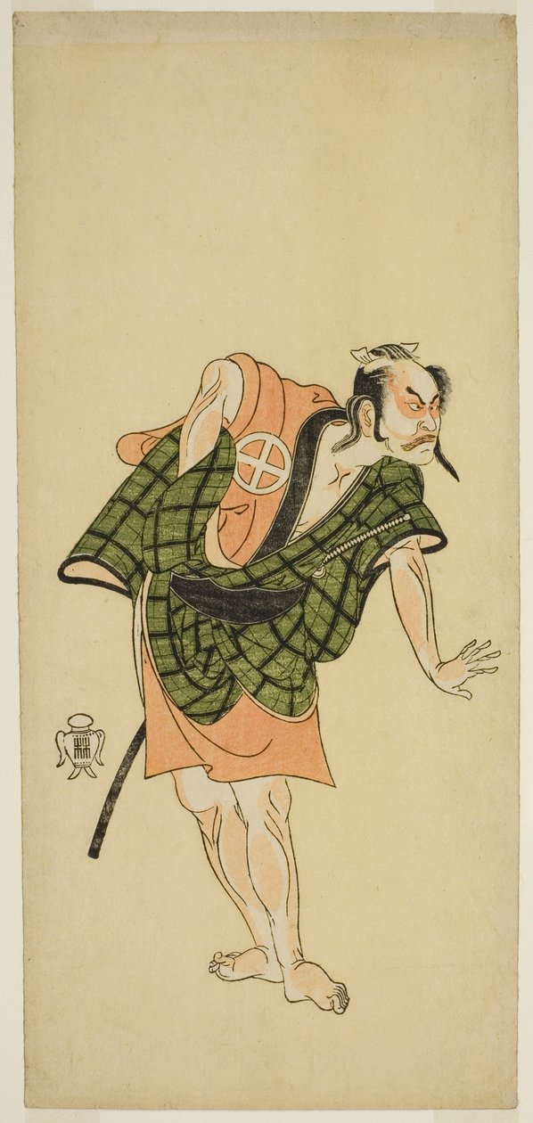 Der Schauspieler Otani Hiroji III als Onio Shinzaemon (?) im Stück Bunshin Sugatami Soga (?), aufgeführt im Morita Theater (?) im zweiten Monat, 1765 (?) von Katsukawa Shunsho