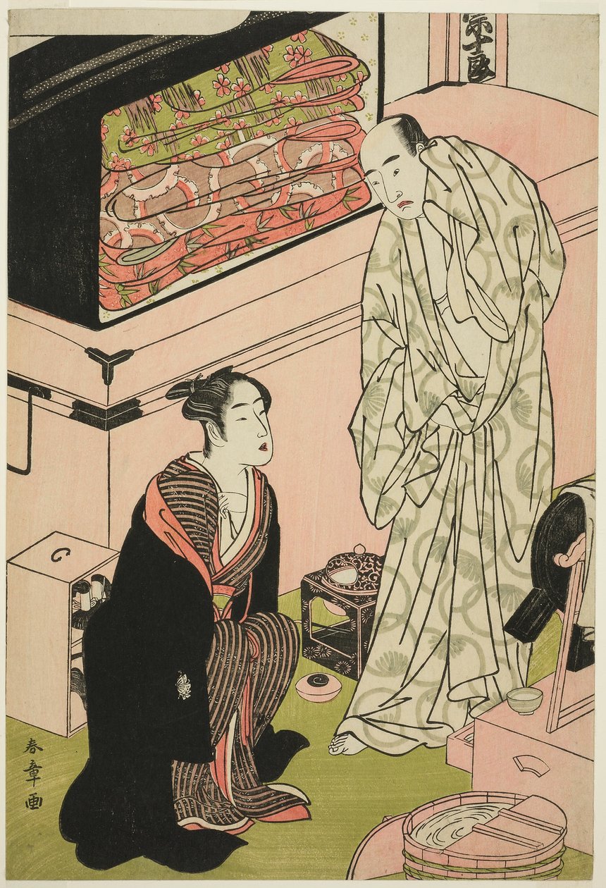 Der Schauspieler Sawamura Sojuro III (rechts), in seiner Garderobe im Gespräch mit dem Schauspieler Segawa Kikunojo III (links) von Katsukawa Shunsho