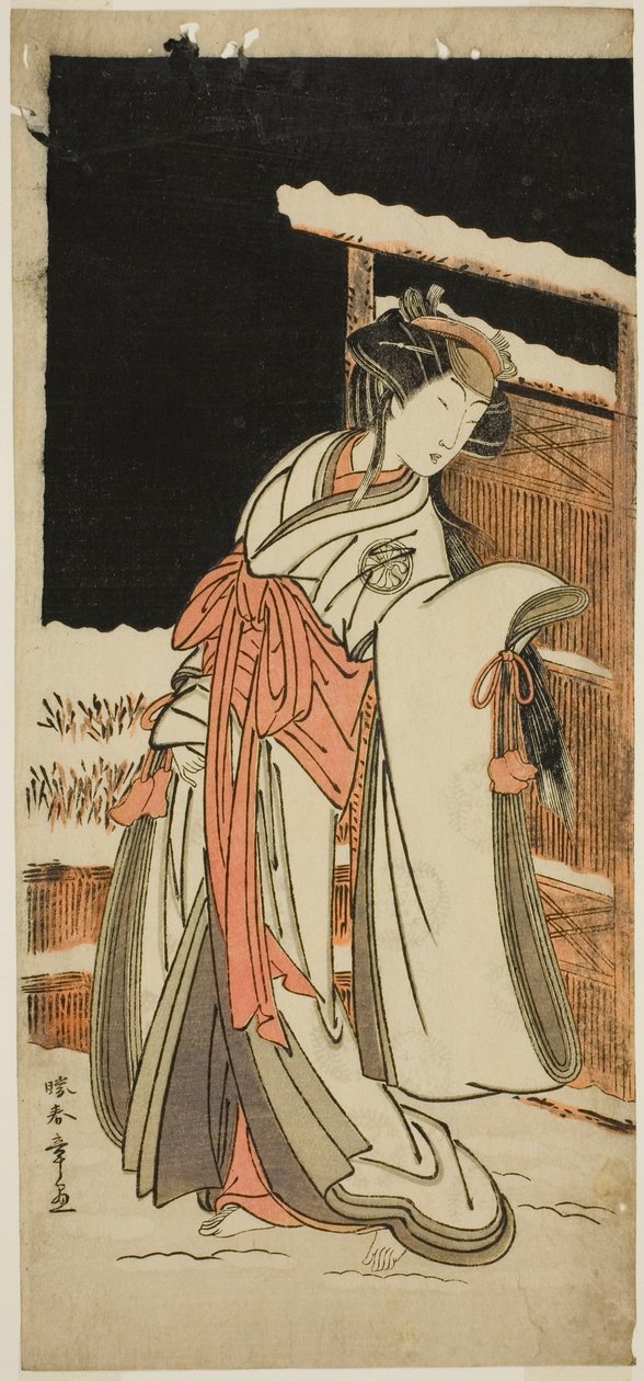 Der Schauspieler Segawa Kikunojo III als Lady Shizuka (Shizkua Gozen) verkleidet als Tamazusa im Stück Chigo Torii Tobiiri Kitsune, aufgeführt im Ichimura Theater im elften Monat, 1777 von Katsukawa Shunsho