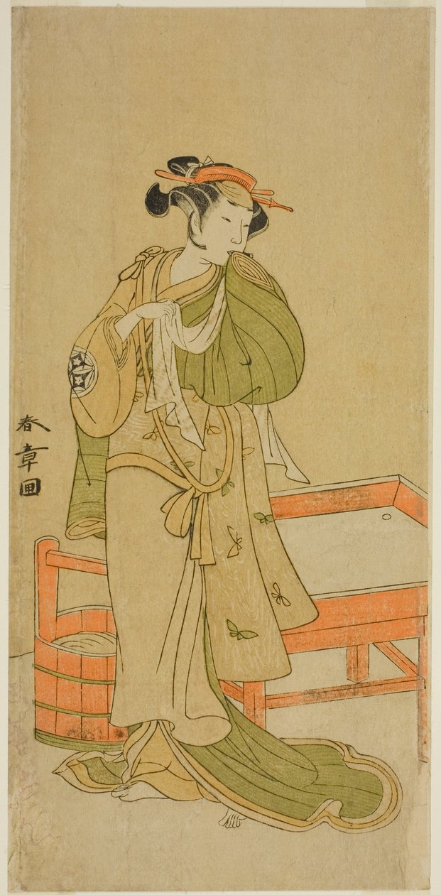 Der Schauspieler Yamashita Kinsaku II als Moshio im Stück Izu-goyomi Shibai no Ganjitsu, aufgeführt im Morita-Theater im elften Monat, 1772 von Katsukawa Shunsho
