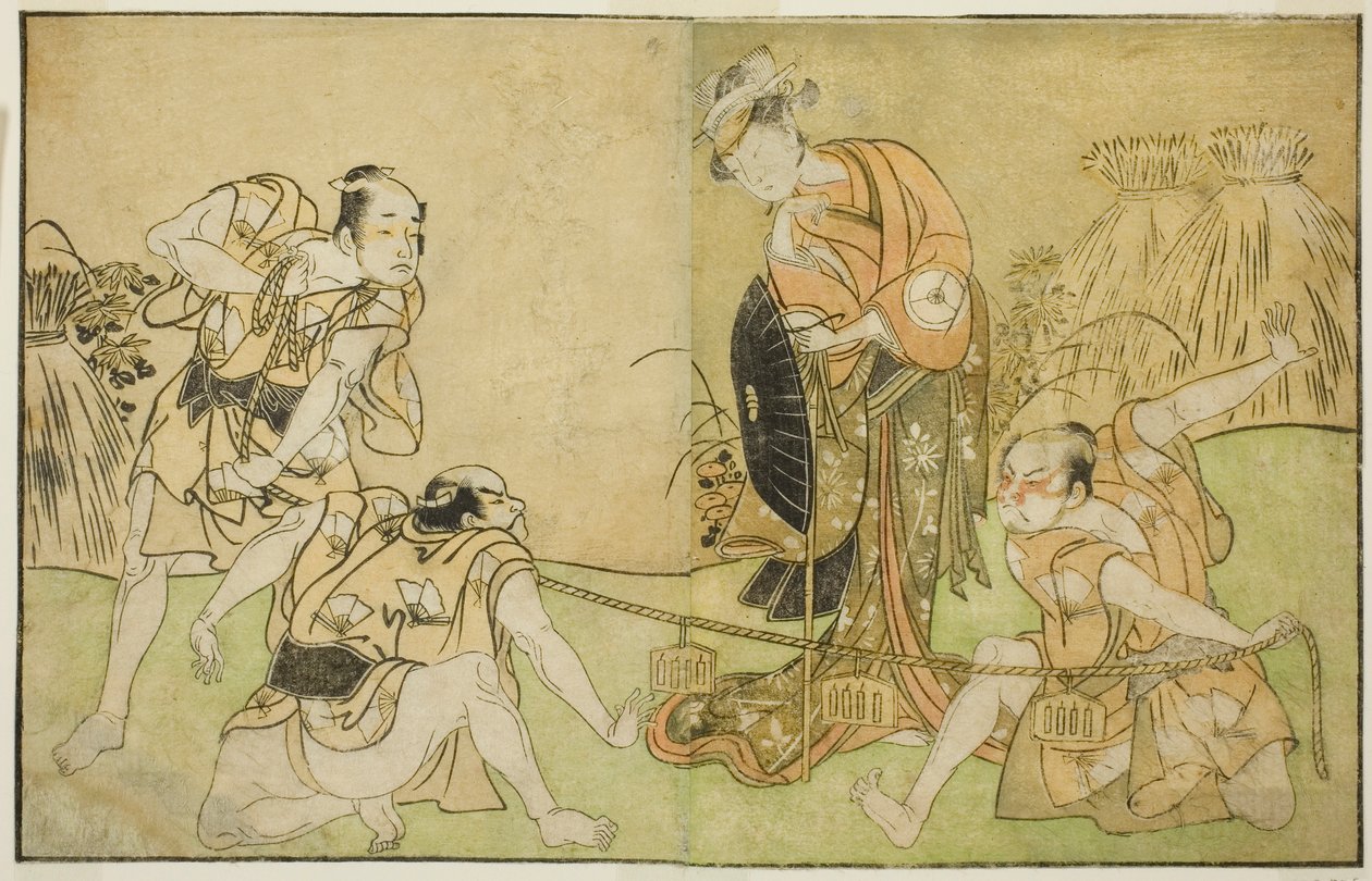 Die Schauspieler Bando Zenji I als Nagahashi Saburo, Iwai Hanshiro IV als Otatsu-gitsune, Nakamura Konozo als Hagai Ujitsune und ein nicht identifizierter Schauspieler (von rechts nach links), im Stück Nue no Mori Ichiyo no Mato, aufgeführt im Nakamura The von Katsukawa Shunsho