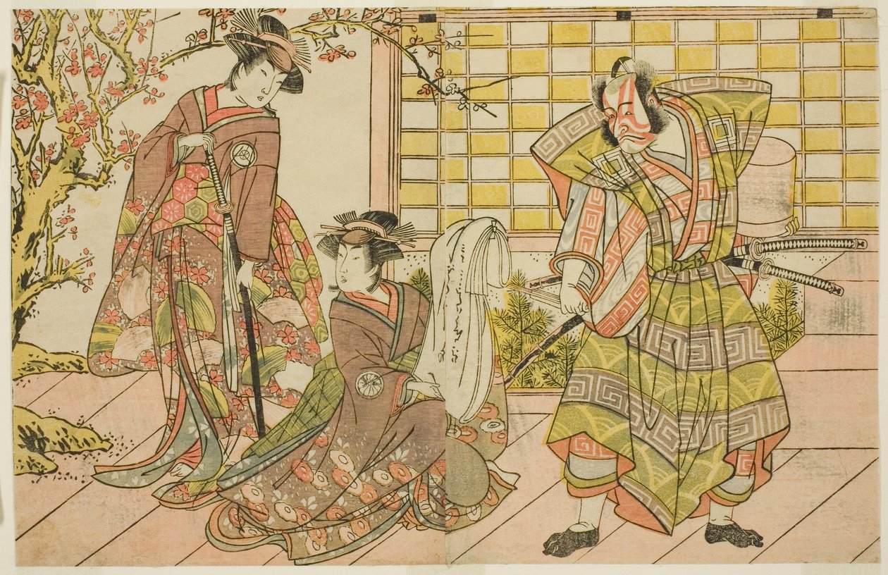 Die Schauspieler Ichikawa Danjuro V als Miura Kunitae (rechts), Segawa Kikunojo III als Yasukata (Mitte) und Iwai Hanshiro IV als Utou (links), im Stück Godai Genji Mitsugi no Furisode, aufgeführt im Nakamura-Theater im elften Monat, 1782 von Katsukawa Shunsho