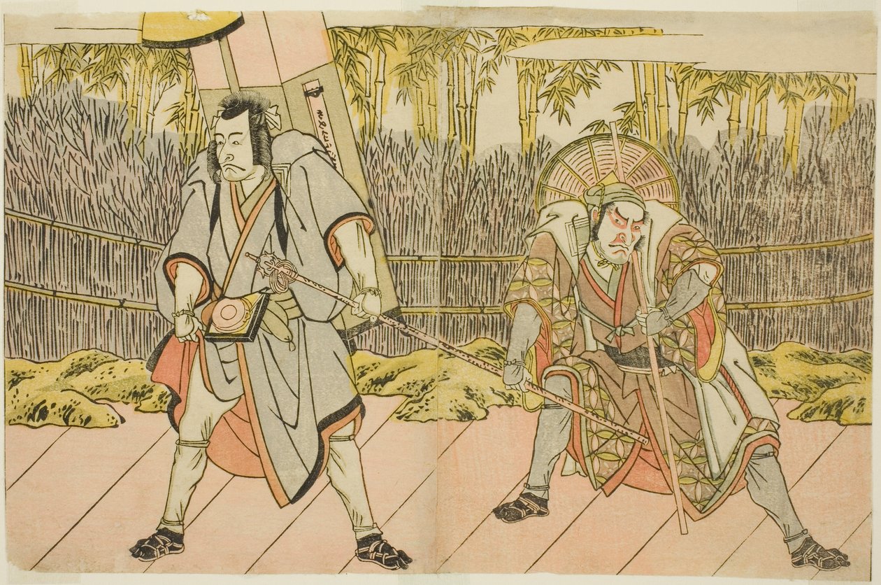 Die Schauspieler Ichikawa Danzo IV als Arakawa Taro Takesada verkleidet als Sänftenträger Tarobei (rechts) und Ichikawa Danjuro V als Abe no Sadato verkleidet als Pilger Kuriyagawa Jirodayu (links), im Stück Godai Genji Mitsugi no Furisode, aufgeführt im von Katsukawa Shunsho