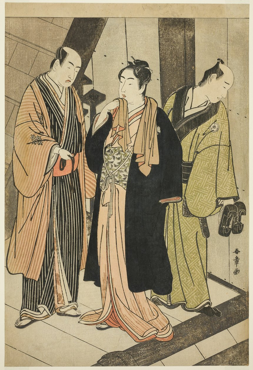 Die Schauspieler Ichikawa Monnosuke II (links), Iwai Hanshiro IV (Mitte) und Iwai Karumo (?) (rechts), auf einer Landung hinter der Bühne von Katsukawa Shunsho