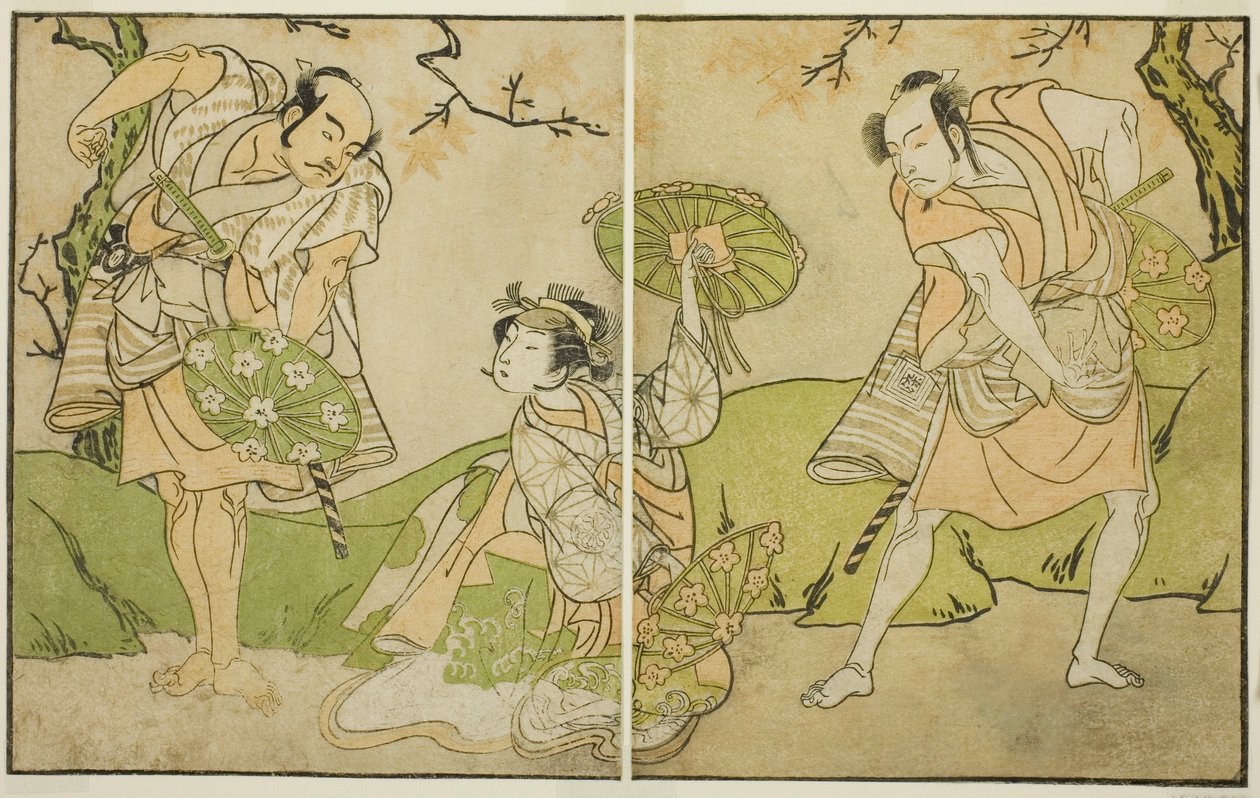 Die Schauspieler Ichikawa Somegoro (rechts), Segawa Kikunojo II (Mitte) und Bando Sampachi (links) in nicht identifizierten Rollen im Stück Myoto-giku Izu no Kisewata, aufgeführt im Ichimura-Theater im elften Monat, 1770 von Katsukawa Shunsho