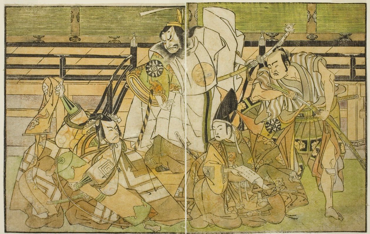 Die Schauspieler Nakamura Denkuro II als Seno-o Taro, Ichikawa Komazo II als Yorimasa, Nakamura Nakazo I als Taira no Kiyomori und Ichikawa Danjuro V als Kiou Takiguchi (von rechts nach links), im Stück Nue no Mori Ichiyo no Mato, aufgeführt im Nakamura-Th von Katsukawa Shunsho