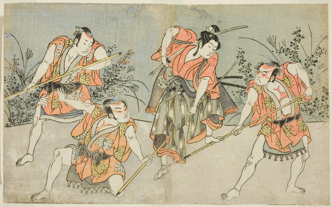 Die Schauspieler Nakamura Kashiwagi als Wakashu (zweiter von rechts) und drei unbekannte Schauspieler als Yakko von Katsukawa Shunsho