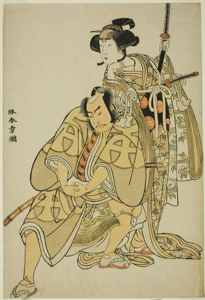 Die Schauspieler Nakamura Nakazo I als Hata Rokurozaemon verkleidet als Samurai-Diener (Yakko) Igaguri Hanehei (links) und Nakamura Noshio I als Hofdame Koto no Naishi (rechts) in der Tanzsequenz "Sodegasa Momiji no Tekuda" (Regenschirmärmel) von Katsukawa Shunsho