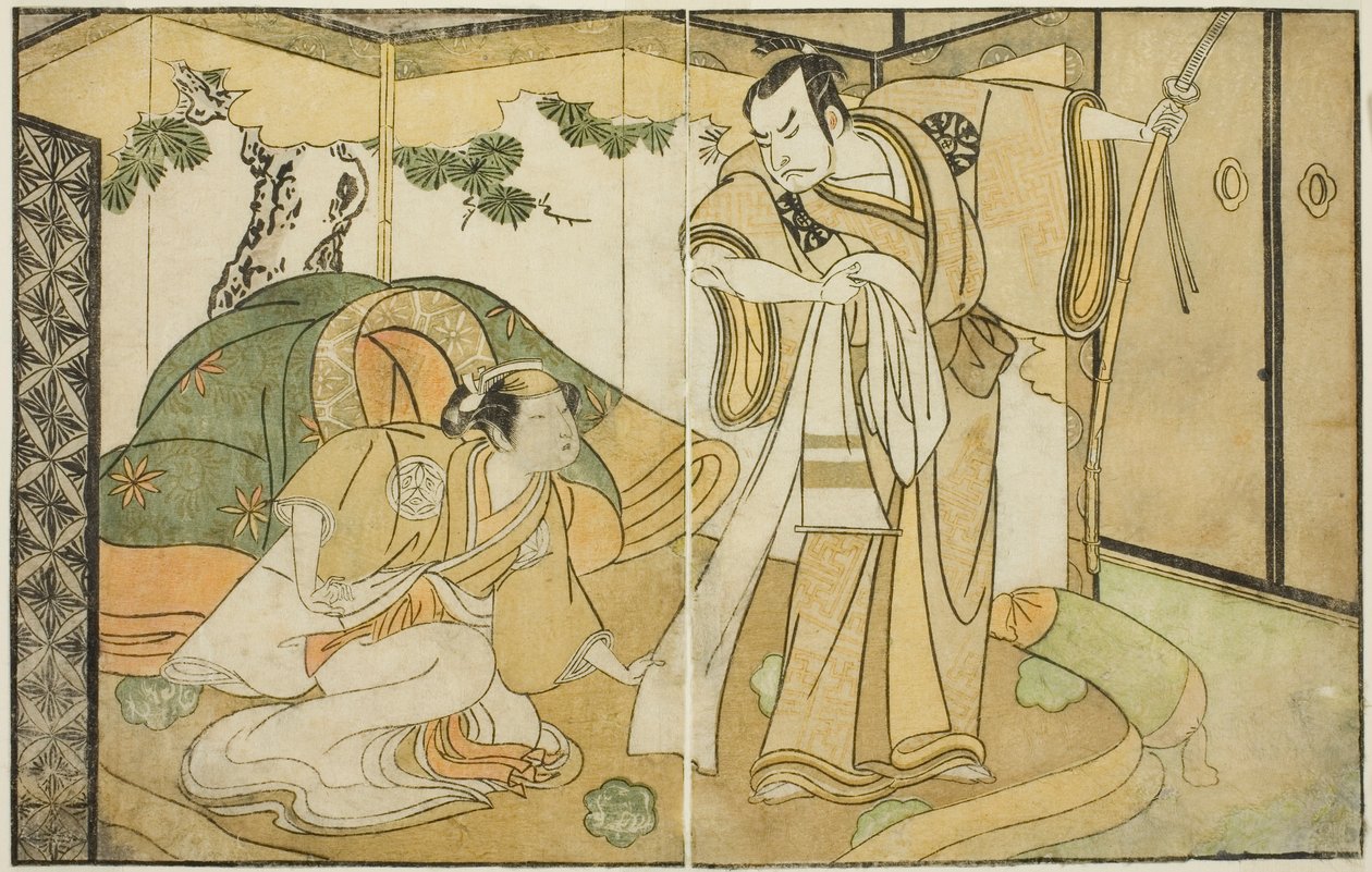 Die Schauspieler Nakamura Nakazo I als Taira no Kiyomori (rechts) und Yamashita Kinsaku II als Tokiwa Gozen (links) im Stück Nue no Mori Ichiyo no Mato, aufgeführt im Nakamura Theater im elften Monat, 1770 von Katsukawa Shunsho