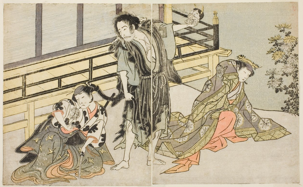 Die Schauspieler Nakamura Noshio I als Nyosan no Miya (rechts), Ichikawa Danjuro V als der abtrünnige Mönch Yochin (Mitte) und Yamashita Kinsaku II als das Dienstmädchen Mutsuhana (links), im Stück Fuki Kaete Tsuki mo Yoshiwara, aufgeführt im Morita-Theate von Katsukawa Shunsho