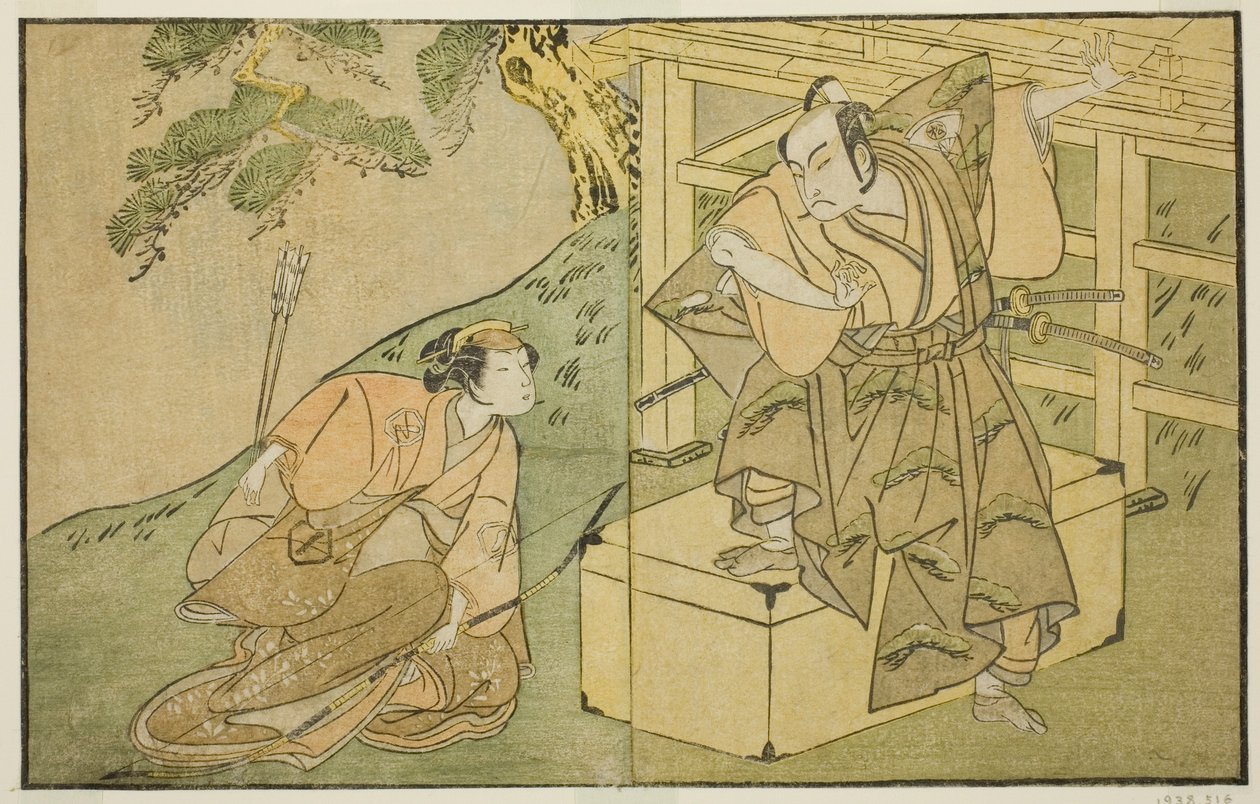 Die Schauspieler Onoe Matsusuke I als Akaboshi Taro (rechts) und Azuma Tozo II als Shirotae (links) im Stück Kono Hana Yotsugi no Hachi no Ki, aufgeführt im Ichimura Theater im elften Monat, 1771 von Katsukawa Shunsho