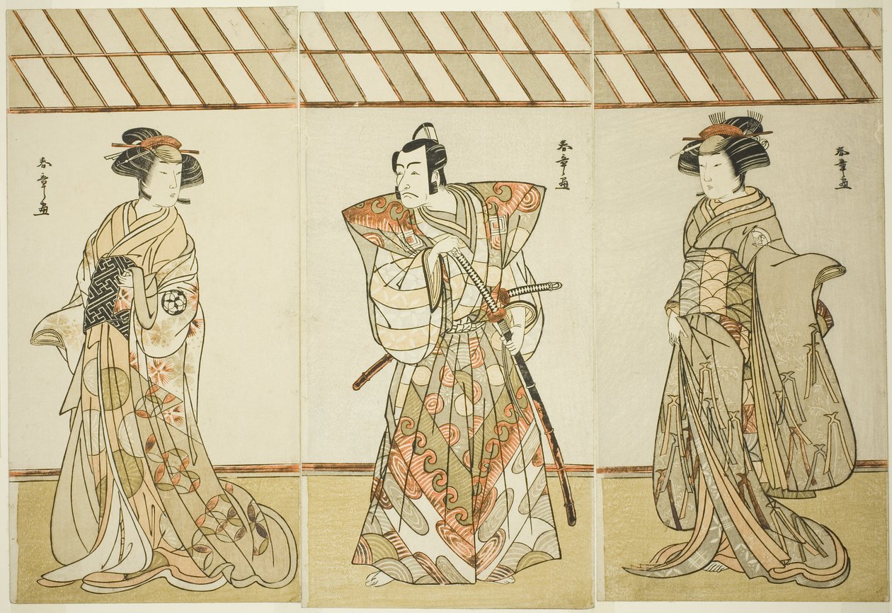 Die Schauspieler Onoe Tamizo I als Nishikigi (?) oder Otae (?) (rechts), Ichikawa Danjuro V als Miura Heidayu Kunitae (?) (Mitte), und Osagawa Tsuneyo II als Oyuki (?) (links), im Stück Date Nishiki Tsui no Yumitori (?), aufgeführt im Morita Theater (?) in von Katsukawa Shunsho