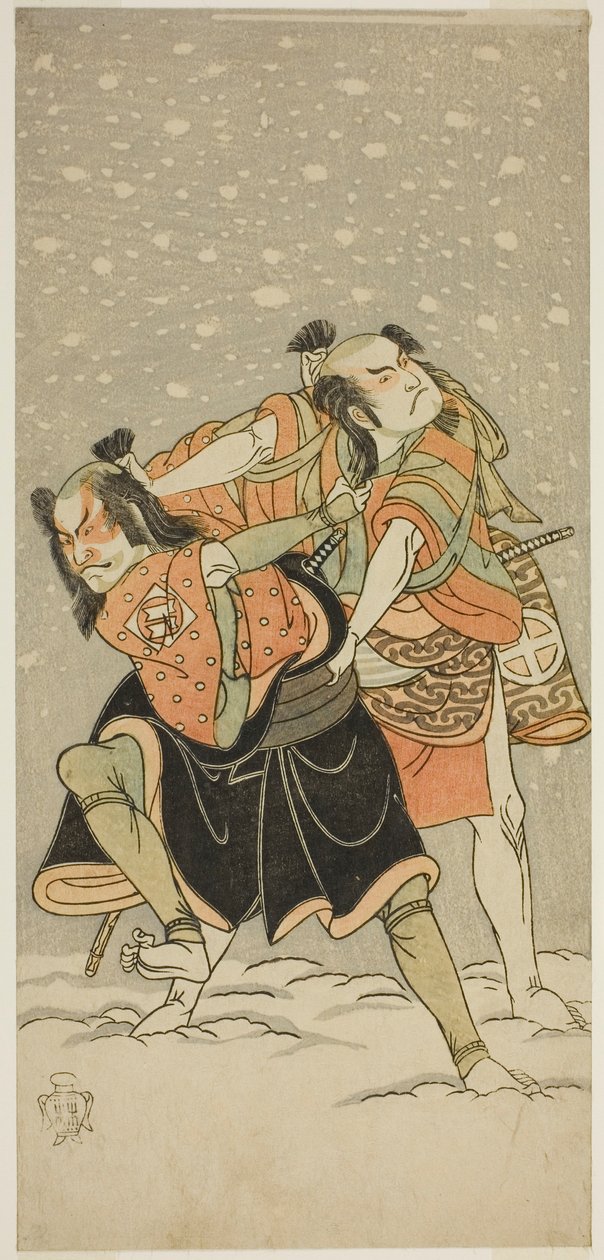 Die Schauspieler Otani Hiroji III als Kameo (rechts) und Sakata Sajuro I als Ario (links), im Stück Hime Komatsu Ne no Hi Asobi, aufgeführt im Ichimura Theater im neunten Monat, 1768 von Katsukawa Shunsho