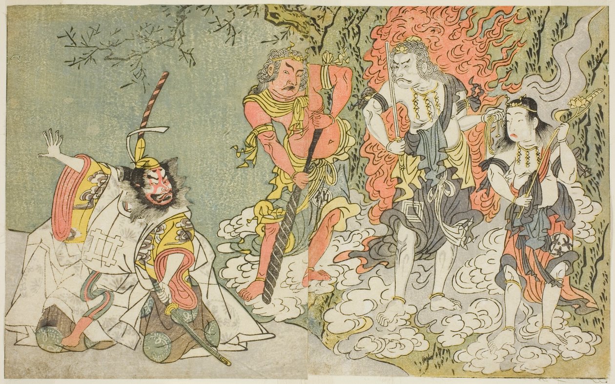 Die Schauspieler Sawamura Kijuro I als Ikazuchi Shinno, Prinz des Donners (ganz links), Ichikawa Danjuro V als buddhistische Gottheit Fudo (zweiter von links), Nakamura Sukegoro II als Seitaka Doji (zweiter von rechts) und Bando Mitsugoro I als Kongara Doj von Katsukawa Shunsho