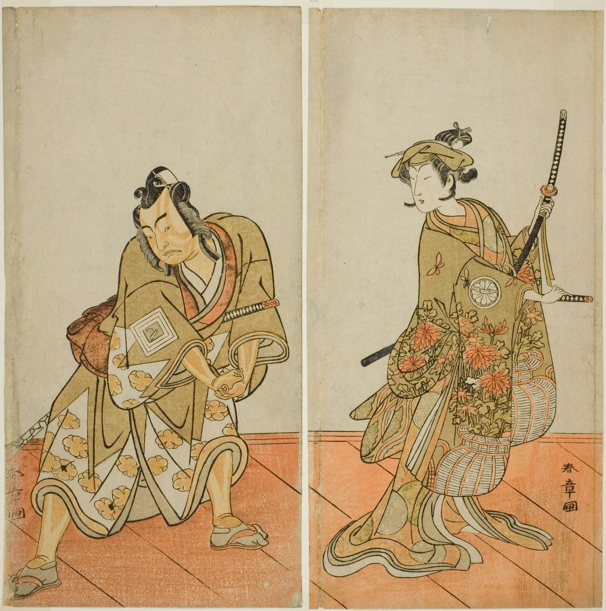 Die Schauspieler Segawa Kikunojo III als Aigo no Waka (rechts) und Ichikawa Yaozo II als Hachio-maru Aratora (links) im Stück Chigo Sakura Jusan Kane, aufgeführt im Ichimura-Theater im elften Monat, 1774 von Katsukawa Shunsho