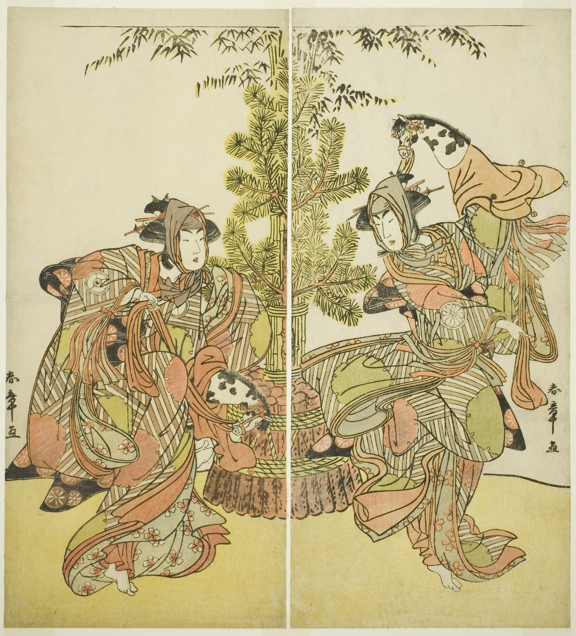 Die Schauspieler Segawa Kikunojo III als Yasukata (rechts) und Iwai Hanshiro IV als Utou (links) im Stück Godai Genji Mitsugi no Furisode, aufgeführt im Nakamura-Theater im elften Monat, 1782 von Katsukawa Shunsho
