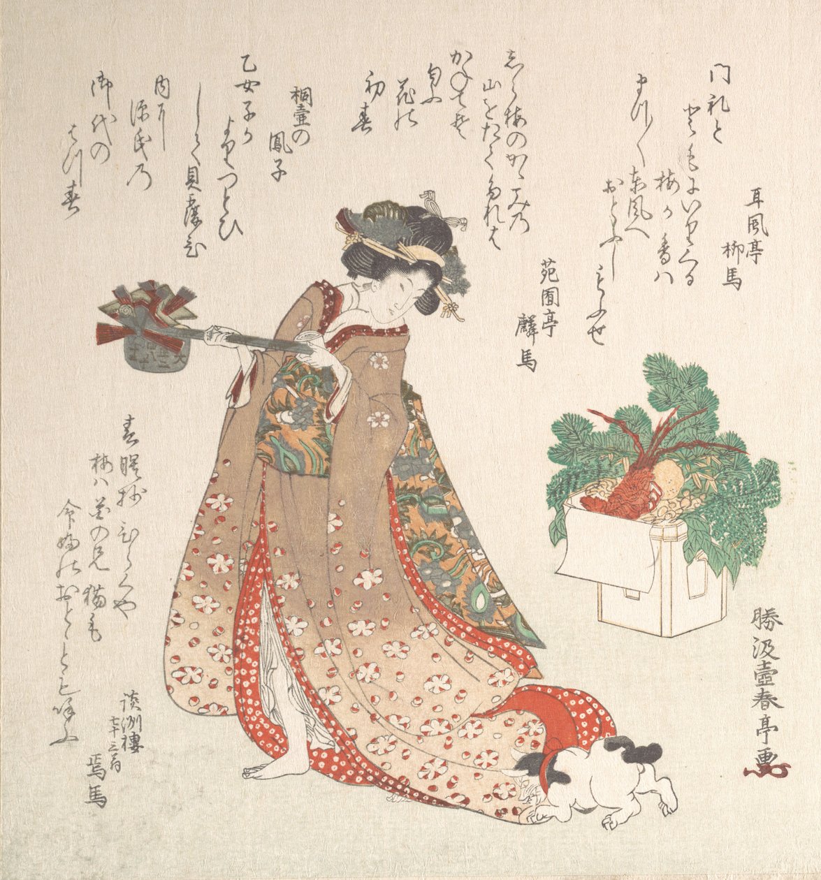Junge Frau mit Weinkrug für die Neujahrszeremonie, ca. 1815 von Katsukawa Shuntei