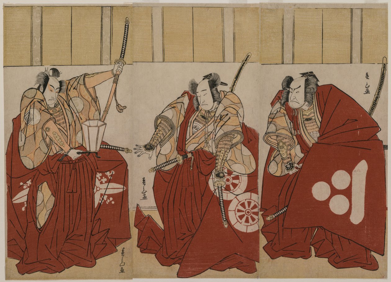 Ichikawa Monnosuke II als Urabe Suetake, Onoe Matsusuke I als Usui Sadamitsu und Nakamura Nakazo I als Watanabe no Tsuna in Die vier himmlischen Könige als Nachtwache kostümiert von Katsukawa Shunzan