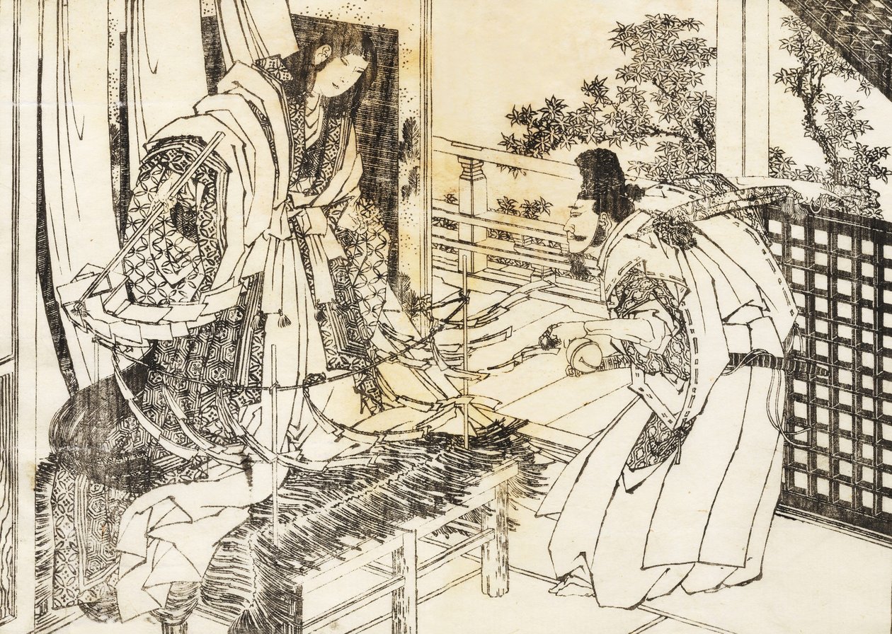 Eine Frau im Shinto-Schrein hat einen Stock mit vielen Papierblättern von Katsushika Hokusai
